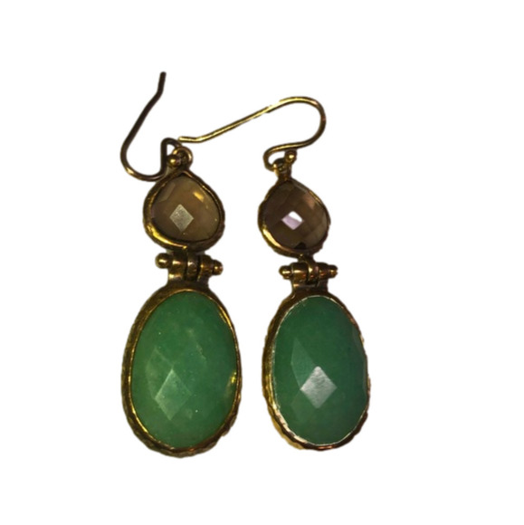 SMOKEY Topaz & Chalcedony Gold Vermeil Facet Cut Shepherds Hook Earrings 2” - Picture 1 of 5